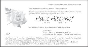 Traueranzeige von Hans Altenhof von Pegnitz-Zeitung